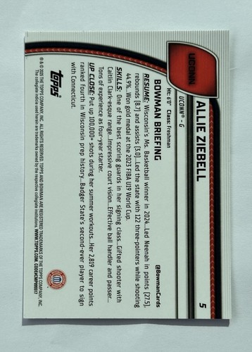 2024-25 Topps Bowman Chrome U - 1st Bowman Allie Ziebell #5 UCONN - Picture 2 of 2