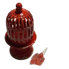 Vintage Rustic Red Ceramic Birdcage Candle Holder with Glass Bird Figurine Decor