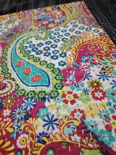 Indian Handmade Kantha Quilt Pink paisley Print King Size Bedspread Blanket - Picture 3 of 9