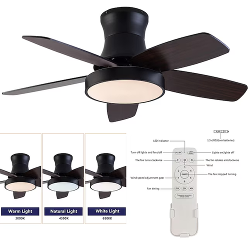 Oukaning 42-in Matte Black 5 Blade Ceiling Fan LED Light Flush Mount with Remote - Picture 3 of 4