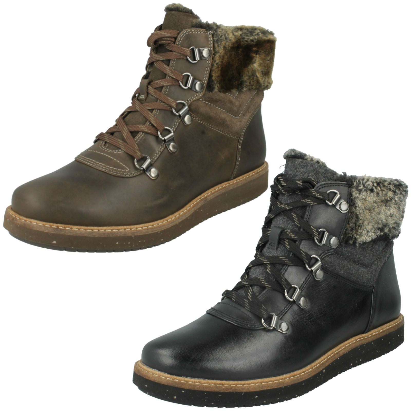 LADIES CLARKS LEATHER FUR TRIM CASUAL LACE UP ANKLE BOOTS GLICK CLARMONT LADIES CLARKS LEATHER FUR TRIM CASUAL LACE UP ANKLE BOOTS GLICK CLARMONT
