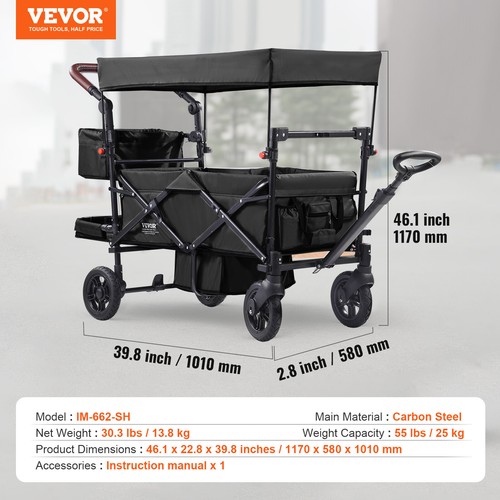 VEVOR Bollerwagen Handwagen Strandwagen Faltbar Kinderwagen 2Sitzer 25kg Schwarz - Bild 7 von 12