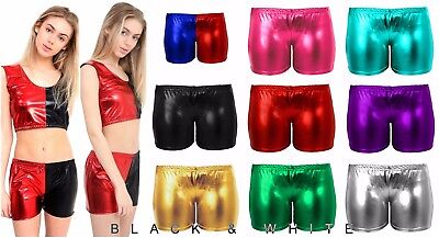 Nuevas señoras para mujer Damas PVC Wet Look lámina metálica brillante discoteca Gimnasio fiesta corto
