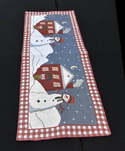 Christmas Wreath On House Snowing w Snowman Tapestry Table Runner 12.5" x 36" - Picture 6 of 10