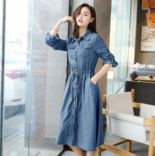 Womens Summer Lapel Collar Button Long Sleeve Denim Belt A-Linen Jeans Mid Dress - Bild 2 von 14