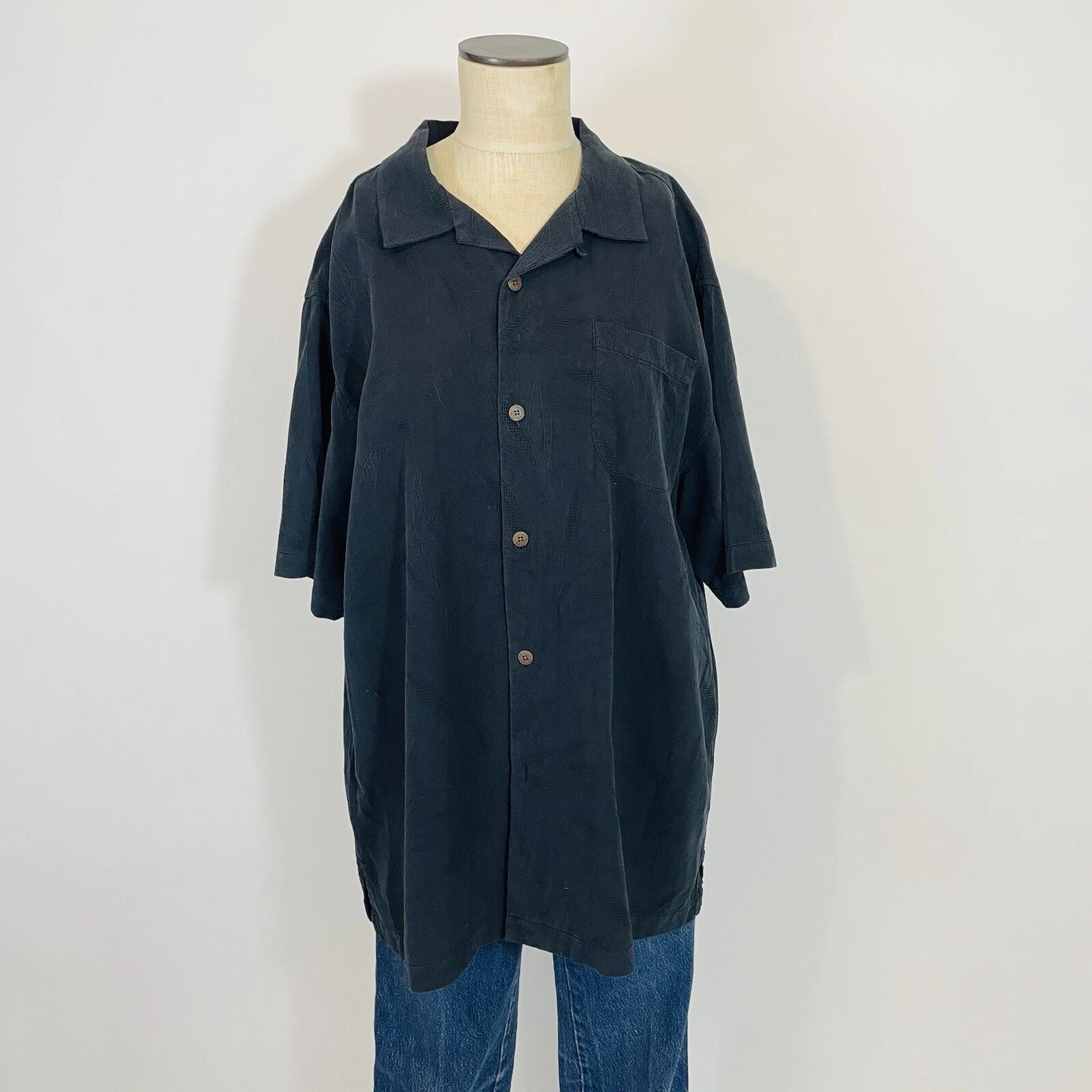 Tommy Bahama Silk Original Fit Black Shirt Large Mens Textured Collared Button