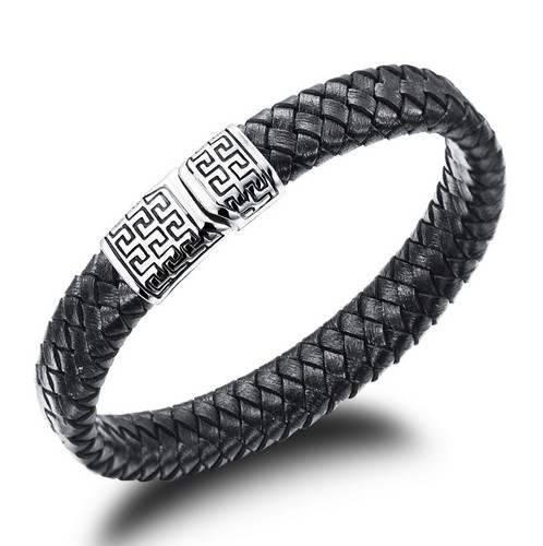Mens Genuine Leather Braided Wristband Bracelet Stainless Steel Surfer Black - Bild 6 von 8