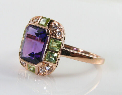 CUSTOM 9K 9CT ROSE GOLD AMETHYST PERIDOT DIAMOND ART DECO INS RING Size S - Picture 4 of 5