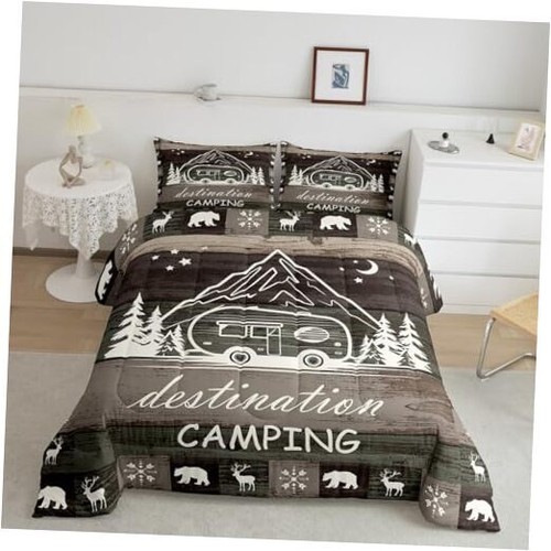 Camping Night Size Comforter Set,Deer and Bear Bedding Set for Full Camping 03