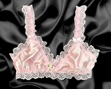 Sissy Satin Frilly Lacy Fitted Pull On Bra Bralette Roses Pearls Bows CD TV DRAG