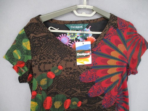 Desigual Top Womens Brown Red Green NWT Floral Short Sleeve Scoop Tunic Snake - Picture 2 of 12