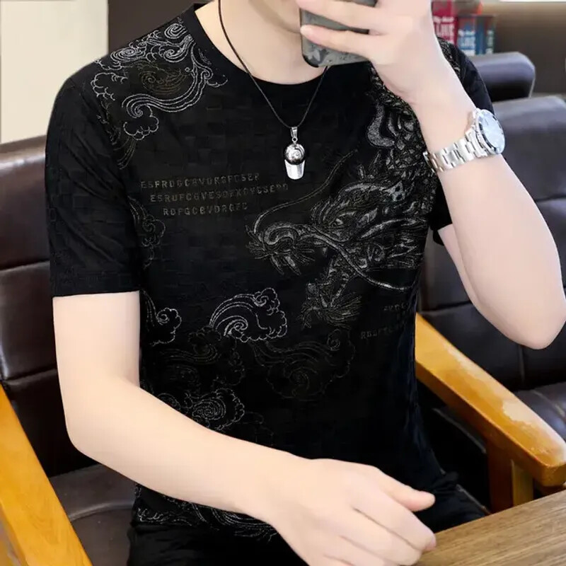 Trend Versatile Men's O-Neck Jacquard Weave Fashion All-match Ethnic T-Shirt