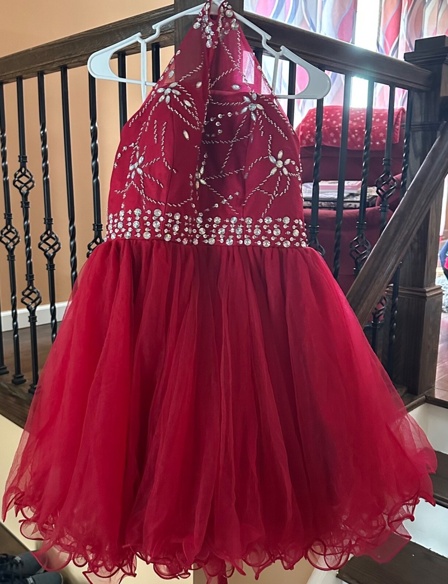 red halter homecoming dress Sheath Plunging V Halter Satin Homecoming Dress, Red / 14