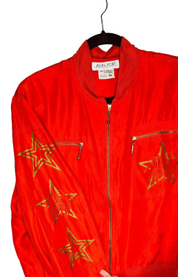 Mondi Vintage Red Washable Silk Bomber Jacket Gold Zippers Star Bamboo Graphic F