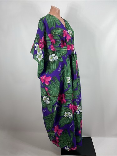 70s 80s ROYAL CREATIONS Women MuMu Kimono Dress O/S Purple Floral Caftan Hawaii - Picture 4 of 8