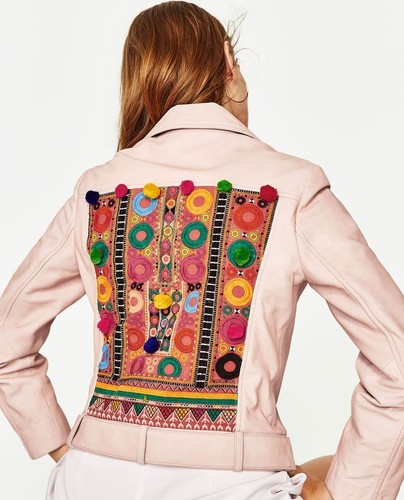 ZARA PALE PINK REAL LEATHER BIKER JACKET WITH TRIBAL EMBROIDERY & POMPOMS SIZE S - Picture 6 of 12