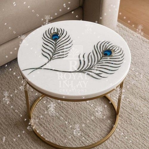 12" Peacock Feather Inlay Table – White Marble Round Handmade Side Table - Picture 13 of 14
