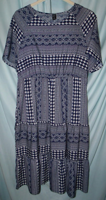 Emery Rose Blue Geometric SS Peasant Sheath Midi Pullover Dress Woman's Size XL