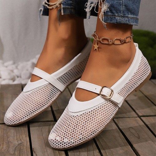 Womens Hollow Out Ladies Breathable Flat Ballet Shoes Buckle Strap - Picture 13 of 19