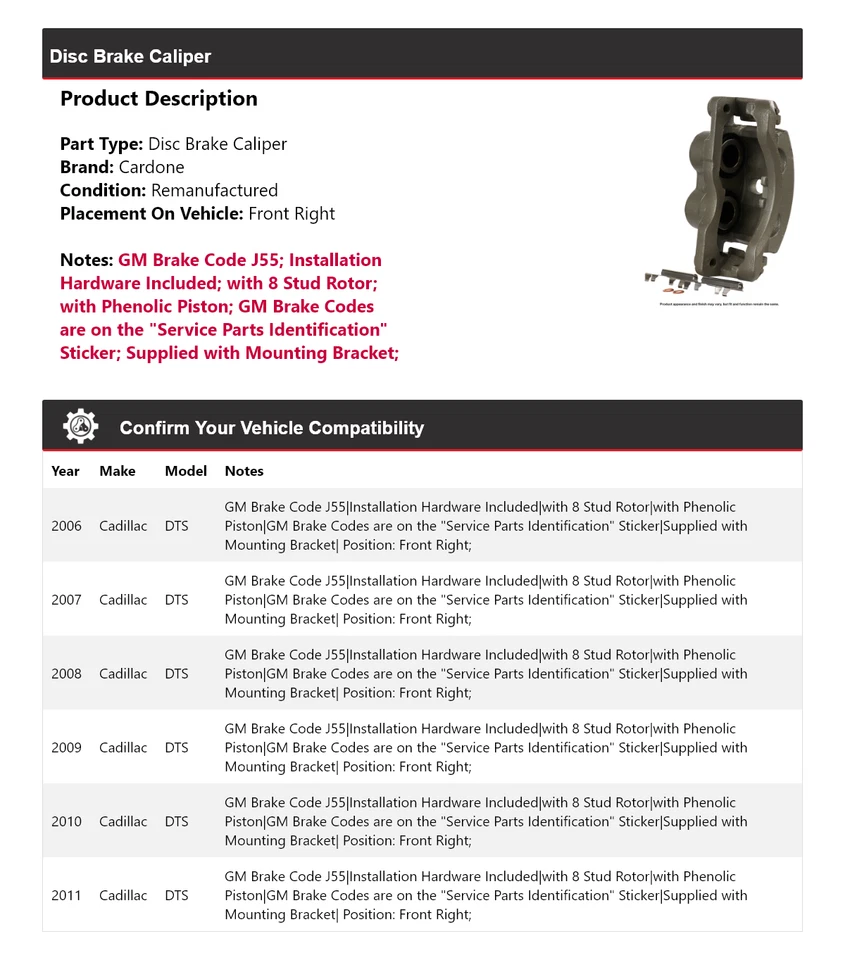 Para 2006-2011 Cadillac DTS pinça de freio a disco dianteira direita Cardone 2007 2008 2009 - Imagem 2 de 4