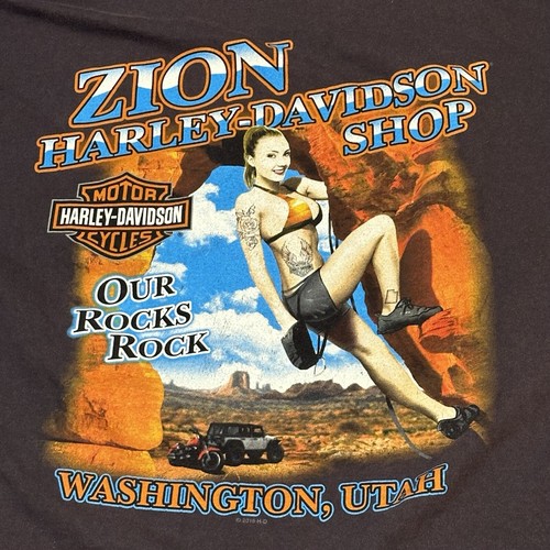 2016 Harley-Davidson Pinup Grafik Rock Climb Zion Utah Biker T-Shirt Hergestellt in den USA Gr. XL