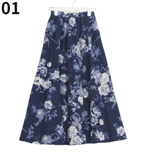 Women Cotton Linen Maxi Skirt Boho Beach Dress Floral Pleated Distressed Retro - Picture 5 of 21