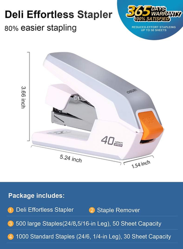Deli Effortless Desktop Stapler, 40 Sheet Capacity, One Finger Touch Stapling, E - Picture 2 of 12
