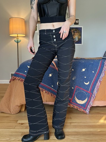 Rare Cybergrunge Vintage 90s/y2k Low/Mid Rise Black Cross Stitch Micro Flares! - Picture 6 of 11