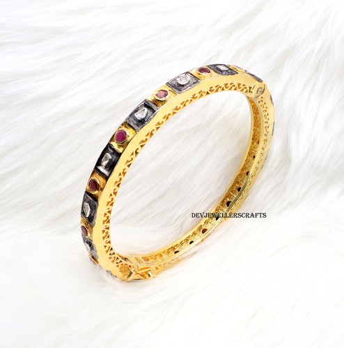 Elegant Ruby Gemstone & Rose Cut Polki 925 Sterling Silver Gold Plated Bangle - Picture 2 of 6