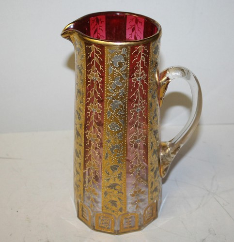 Moser Cranberry Art Glass Pitcher Done in Cranberry, Gold and Platinum - Picture 1 of 5