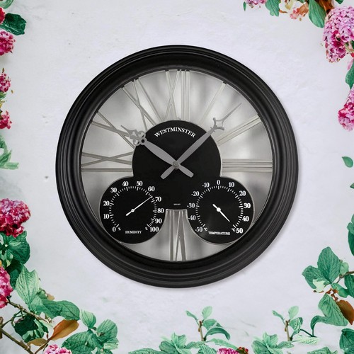 Garden Wall Clock Thermometer Weatherproof Black Home Indoor Outdoor Decoration - Picture 19 of 24