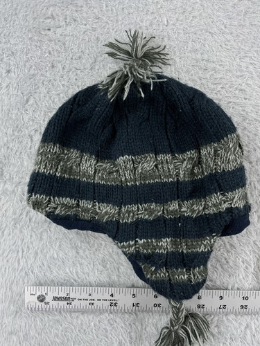 Gap Kids Beanie Toque Youth Small Blue Gray Stripe Knit Acrylic Poly Lined Pom - Picture 7 of 13