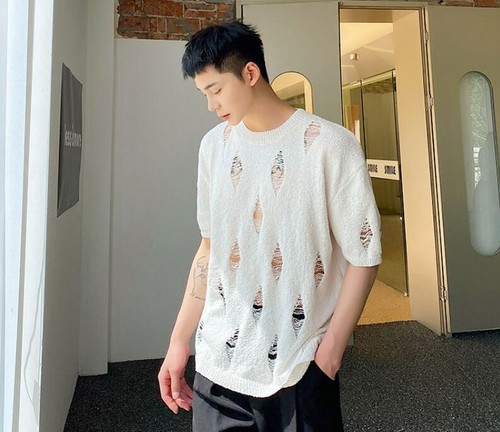 Men's Fashion Summer Round Collar Short Sleeve Ripped Hole Frayed T-shirt Tee - Bild 5 von 18