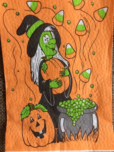 Vintage NOS Halloween Paper Candy Treat Bag- Green Witch, Cauldron, Candy Corn - Picture 3 of 5