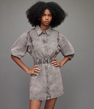 ALLSAINTS Osa Denim Mini Dress Women's 12 Stonewash Snap Up Puff Sleeve Large