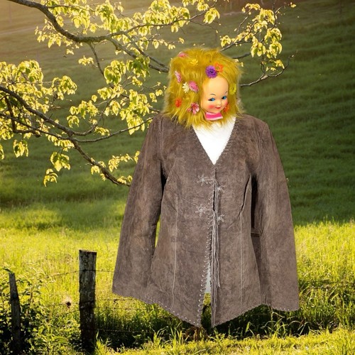 VINTAGE Y2K FRINGE WHIP STITCH SUEDE LEATHER  JACKET HIPPIE BOHO COUNTRY WESTERN - Picture 1 of 11