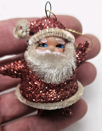 Vintage MCM Glitter Flocked Santa Ornament Plastic Face Kitchsy Christmas
