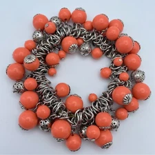 Coral Beaded Charm Bracelet Silver Tone Cluster Dangle Statement