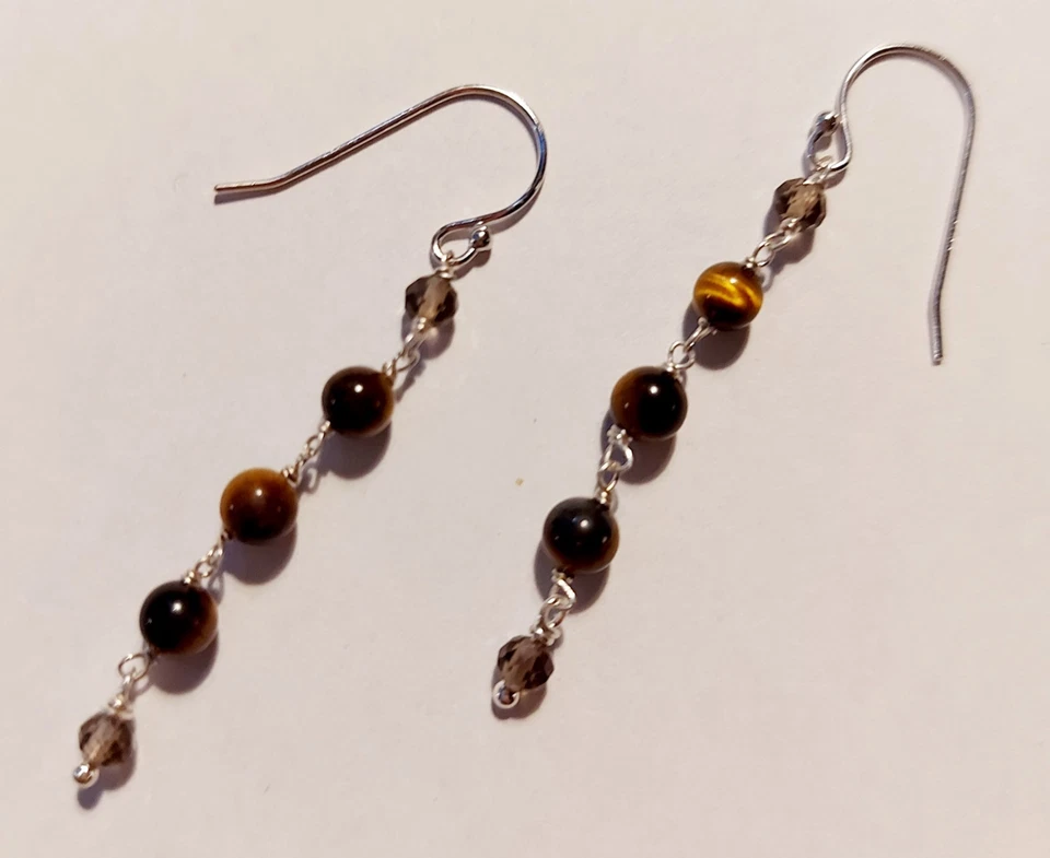 Orecchini pendenti in argento 925 con pietre occhio di tigre e quarzo affumicato - Immagine 4 di 4