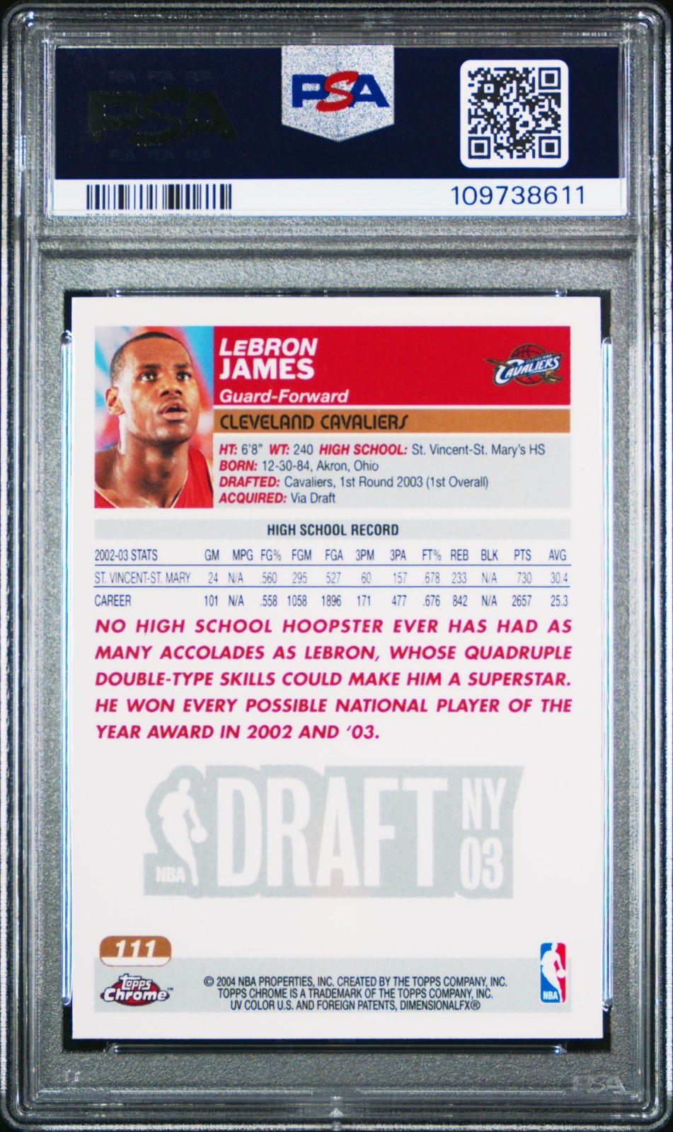 LEBRON JAMES PSA 10 2003-04 TOPPS CHROME #111 ROOKIE RC CAVALIERS GEM MINT 8611 view 2