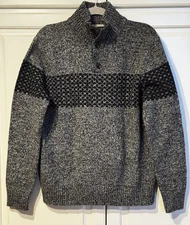 GAP Men’s GREY/BLACK Lambswool Blend Fair Isle Knit Henley Buttoned Sweater LARG