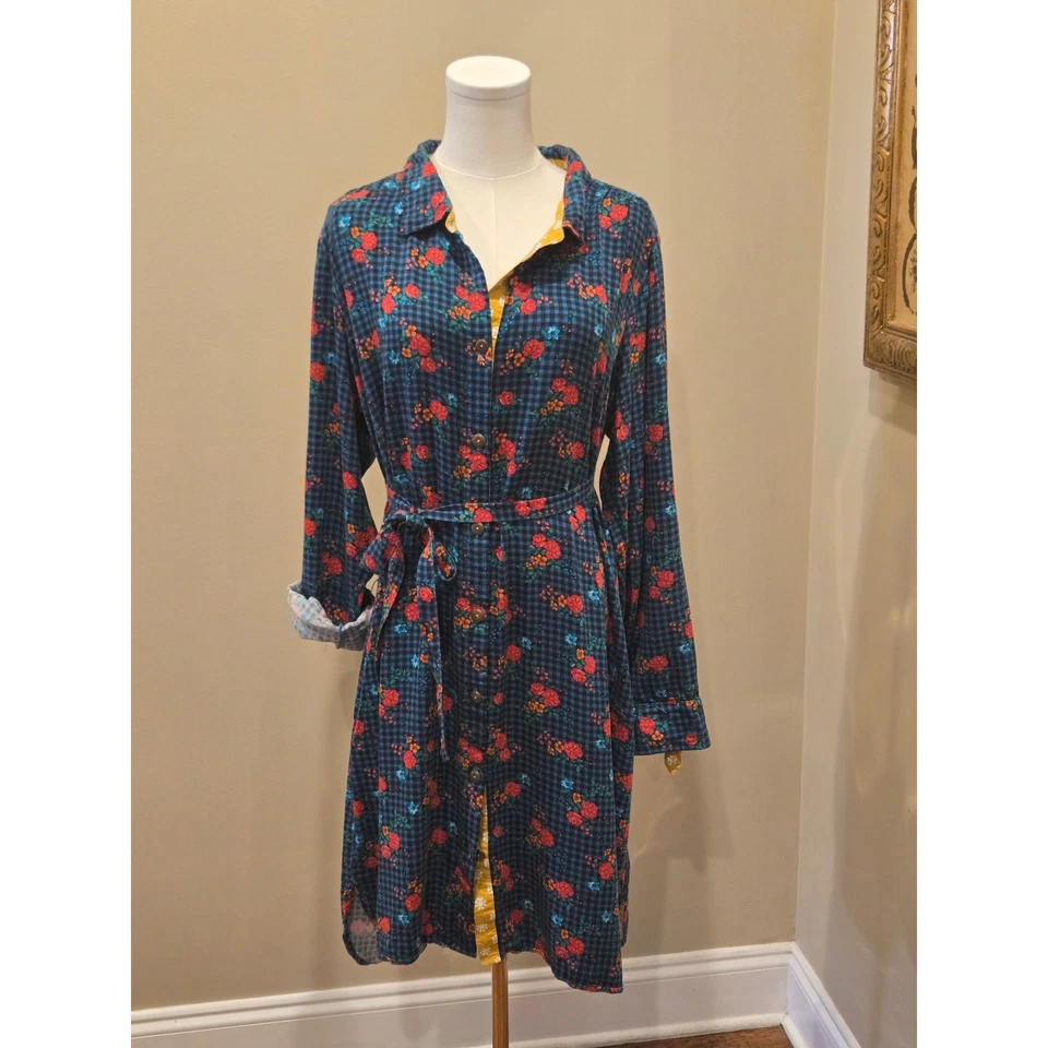Camisa Matilda Jane Azul Guinga Vestido Cuello Corbata Bolsillos Rojo Floral Rayón XL Foto 2 de 4