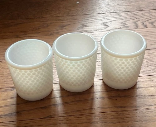 3 Vintage MCM Round White Milk Glass Toothpick Tea Light Votive Candle Holders