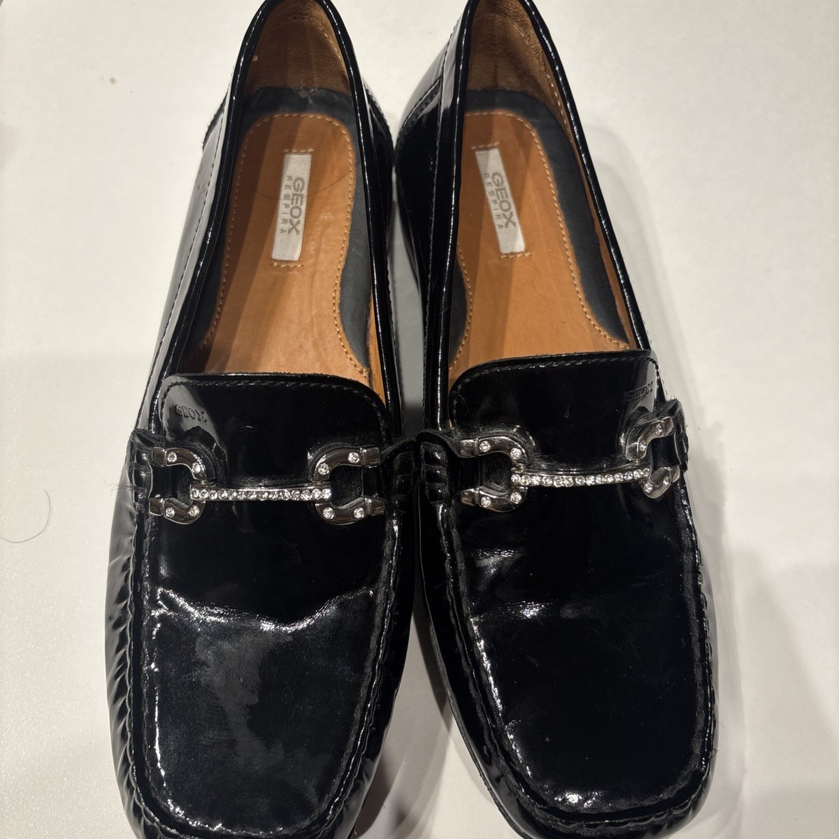 Geox Respira Women's Black Patent Leather Crystal Embellished Bit Loafers View 3