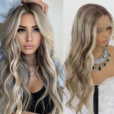 Highlight Ash Blonde Lace Front Wig Pre Plucked Glueless Long Wavy Brown Ligh...