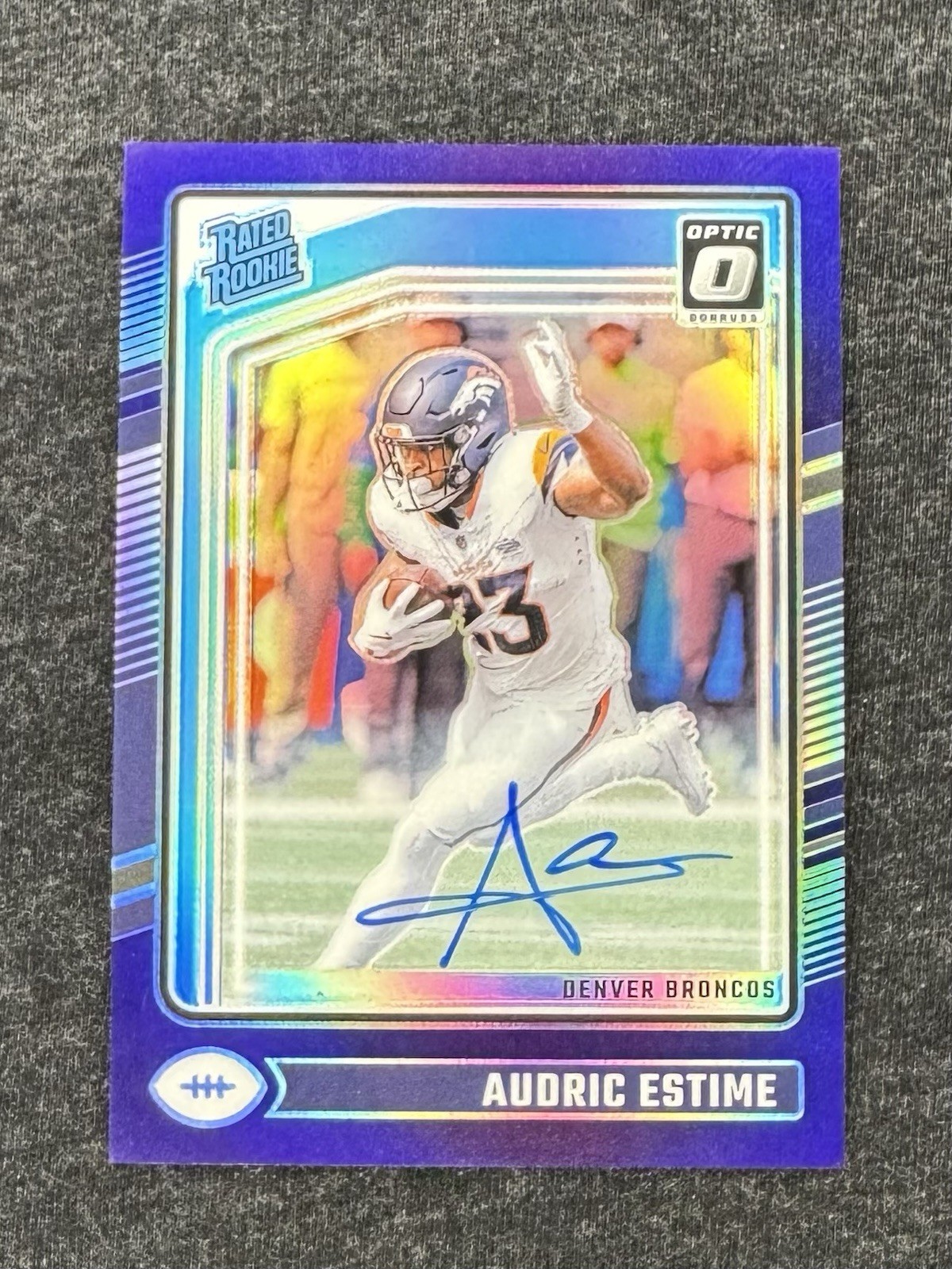 2024 DONRUSS OPTIC Audric Estime Rated Rookie PURPLE PRIZM RC On Card AUTO /35