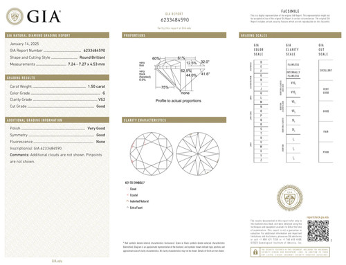 Estate 1.50ct G/VS2 Round Brilliant Cut Diamond GIA - Picture 3 of 3