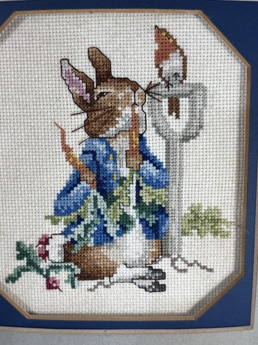 Vintage Handmade Finished Needlepoint "Bunny Chatting With Birdie" Framed - Picture 2 of 5