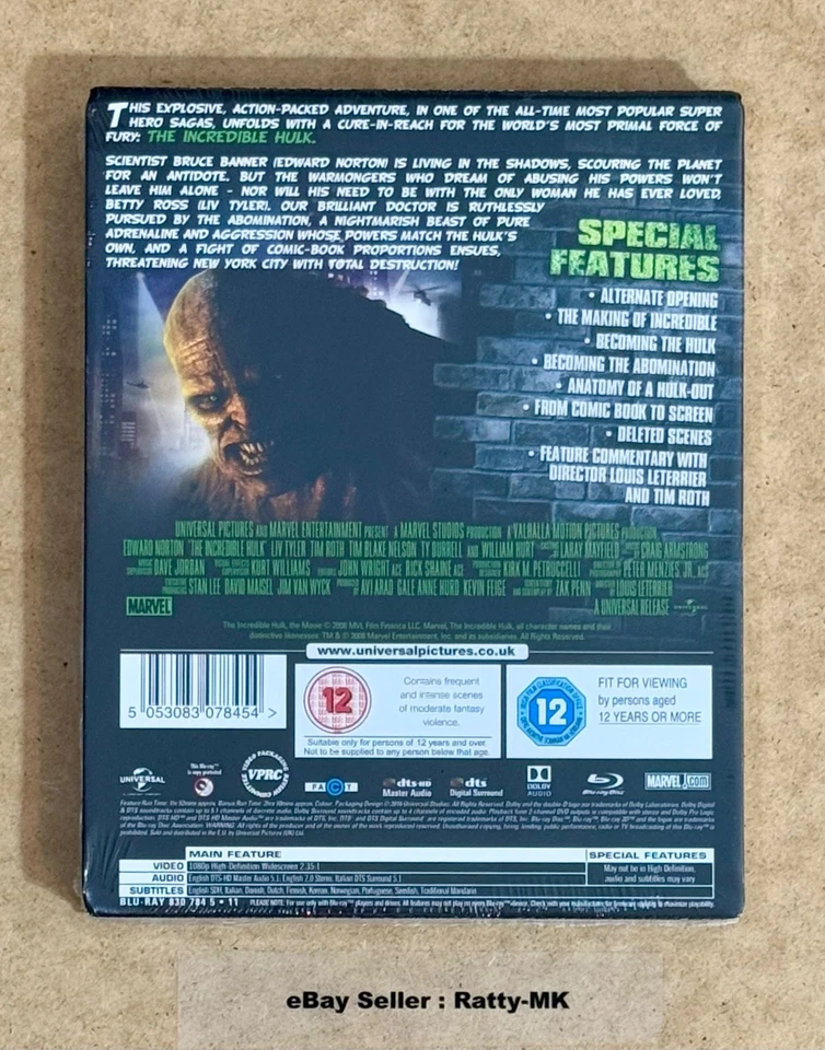 THE INCREDIBLE HULK - UK EXCLUSIVE LENTICULAR BLU RAY STEELBOOK - NEW & SEALED - Image 2 of 4