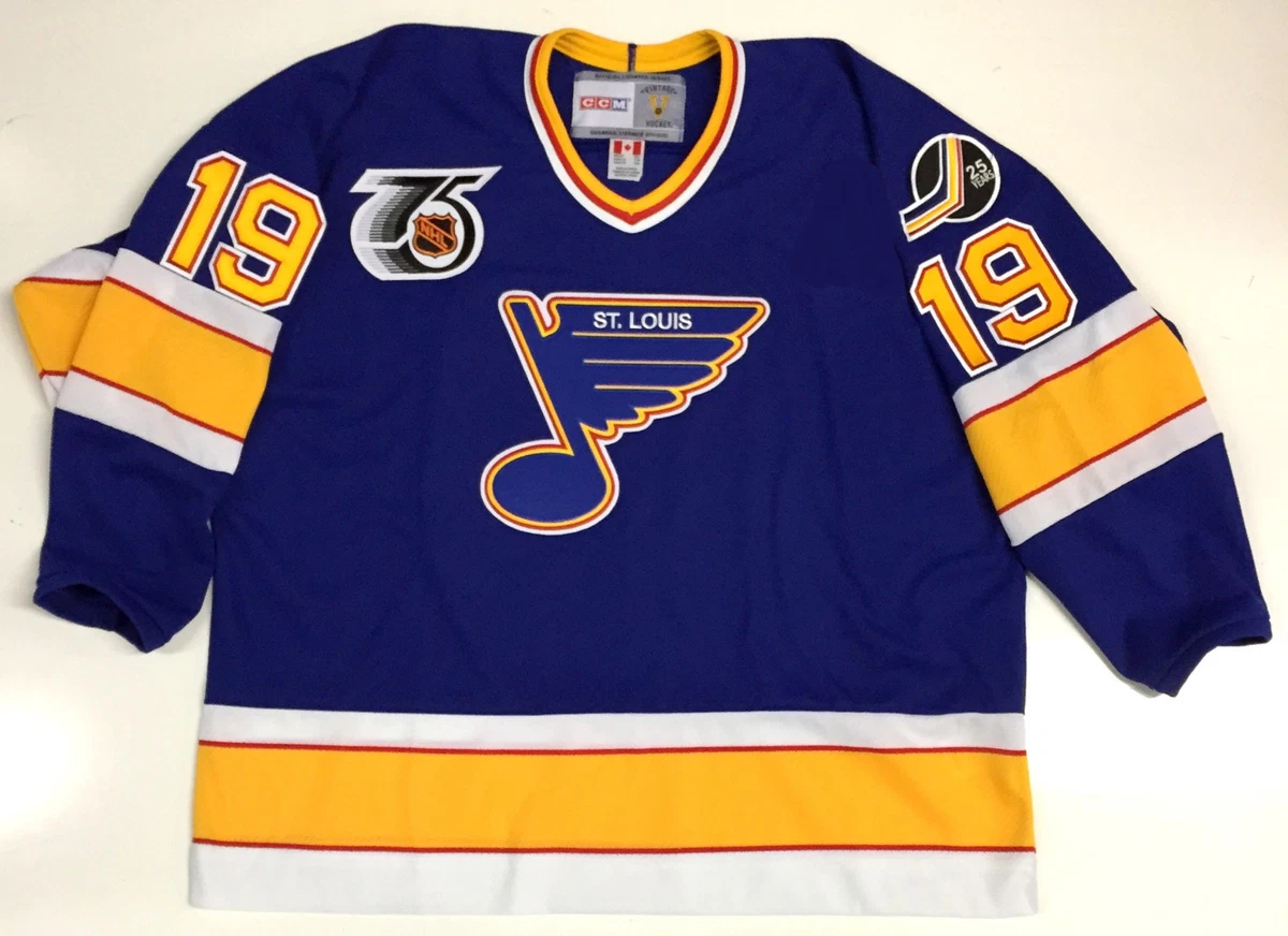 BRENDAN SHANAHAN ST LOUIS BLUES CCM VINTAGE BLUE JERSEY WITH NHL 75TH PATCH